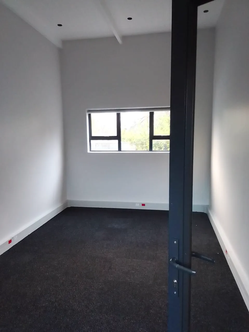 13 Private Road office viewed through the doorway with window and carpeted floor